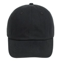 Close-up of black cotton twill baseball cap with six-panel structure and vent holes - Black