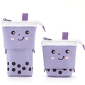 Telescopic purple canvas pencil case in cute boba tea design with smiling face - Taro Milk Tea