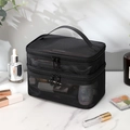 Double-layer black mesh makeup bag with handle and dual zippers on marble surface - Double Layer Black