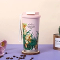 Pink stainless steel coffee tumbler with floral print and white portable handle rope - Oleander Floral