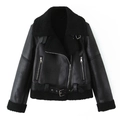 Veste aviateur noire pour femme en similicuir avec ceinture et col en peau de mouton - XS / Noir