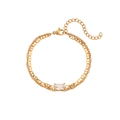 Bracelet double chaîne en acier inoxydable plaqué or 18K avec zircon rectangulaire - Bracelet Double Couche Chaîne Vague et Museau de Porc Or Zircon Blanc