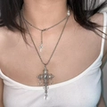 Vintage silver cross pendant necklace with black beads and layered punk design - Water Drop Tassel Cross Necklace (DX0827)