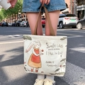 Creamy white canvas tote bag with rabbit lotus print and brown woven handles - Moon Rabbit Lotus Print - Beige