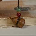 Carved rosewood gourd pendant keychain with colorful beads and woven dark brown cord - Keychain style / Extra Small (1.7x1.7x3cm) / Green Sandalwood