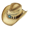 Hollow out woven straw cowboy hat with turquoise bead band and sun protection wide brim - Adult 58cm One Size / Khaki Hollow Out