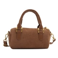 Bolso Boston retro de ante marrón para mujer con ribete de cuero sintético liso y herrajes - Caqui