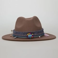 Chapeau Fedora marron bohème avec pierre turquoise et garniture de perles colorées - M(56-58cm) / Kaki