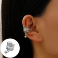 Silver cuff earring with sparkling zircons and ball pendant shown on a model ear - White K - Spherical Pendant Style (WG-1107)