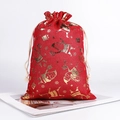 Sac cadeau de Noël rouge en toile avec motif Père Noël doré et fermeture par cordon - Père Noël Rouge Levant les Mains / 30*40cm