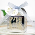 Detail of silver hollow candy box with light blue ribbon and Mr & Mrs cutout design - Reflective Silver