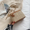 Borsa a tracolla in paglia beige con finiture in pelle e dettaglio di fiori dorati - Marrone Grande