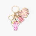Portachiavi MOM in legno con ciondolo leopardato, bouquet di fiori rosa e nappa a frange - Stile Quadrato MAMA Leopardo