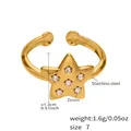 Detail showing gold stainless steel star ring with five small zircons and dimensions - US 7 / Gold Star Zircon