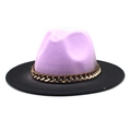 Close-up of pink fedora with black brim and elegant gold metal chain decoration - M (56-58cm) / Lavender + Black