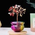 Colorful crystal money tree with copper wire branches in a glass treasure basin base - Five Elements Style