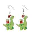 Dettaglio di orecchini a forma di dinosauro in acrilico verde con glitter e cappello di Natale - Dinosauro Verde con Confezione Regalo