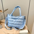 Quilted blue space cotton padded handbag with adjustable strap for winter casual style - Blue