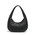 Classic black woven leather hobo bag with a minimalist half-moon shape and knot handle - Black
