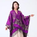 Elegant purple and gold paisley shawl with fringe trim, worn by a smiling model - Purple/Leaf Paisley