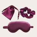 Three-piece satin sleep set including wine red eye mask, scrunchie and drawstring bag - Deep Purple 3-Piece Set