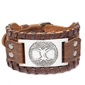 Brown wide leather Viking bracelet featuring a metal Tree of Life charm and rivets - Genuine Leather Brown + Antique Silver