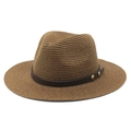 Classic dark brown straw fedora hat for sun protection with decorative leather band - M (56-58cm) / Brown