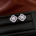 Elegant floral silver needle earrings with central zircon and white pearl border - 68# Silver Hollow Pearl and Zircon (925 Sterling Silver Earring Post)