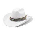 White felt fedora jazz hat with bohemian ethnic turquoise beads and tassel decoration - M (56-59cm) / White