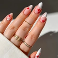 Pink almond press-on nails with white French waves and red heart patterns and rings - Bz1769 Red Heart White Edge / Glue Type