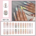 Colorful floral press-on nails with rhinestones and pink gradient in long square shape - SGCY-336 / Glue Type