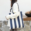 Blue and white striped canvas tote bag with long straps for casual daily use - Blue
