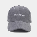 Detail shot of grey corduroy baseball cap with white baba embroidery and striped texture - Gray / Adjustable