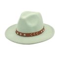 Detailed macro view of mint green wool fedora with brown leather rivet band - M (56-58cm) / Mint Green