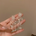 Detail view of long beaded tassel earrings with crystal and white faux pearls - White Transparent Beaded Pearl Tassel (9# Silver Needle)