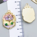 Detailed view of floral enamel pendant showing both sides and dimensions with a ruler - Yellow Gold-Sprinkled Pearl Purple Flower-23587