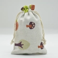 Detail of cotton linen drawstring pouch with purple mushroom and green tree prints - 10x14cm / Little Fox
