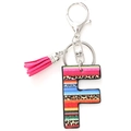 Detail of keychain with letter F pendant featuring rainbow stripes and leopard print - Letter F