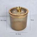 Amber glass cotton swab holder with gold crown lid and ribbed texture, 10.4cm height - Gold Crown Handle / Amber