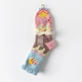 Coral fleece socks in pink and blue patchwork with decorative ribbon and sweet mama tag - One Size / Pink Blue Bee