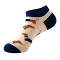 Mens low cut ankle socks with navy blue contrast heel and cartoon dachshund pattern - Cream Dachshund