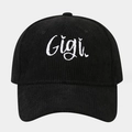 Close-up of black corduroy baseball cap with high-quality white Gigi embroidery texture - One Size / Black