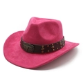 Detail of rose red suede cowboy hat with vintage metal ox skull buckle and stud strap - M (56-59cm) / Rose Red