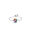 Bague chaîne réglable en argent 925 avec une fleur éclatante aux six pierres précieuses - Ouvert Réglable / Zircone Colorée