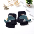 Detail view of dark blue kids knitted flip top gloves featuring a green dinosaur pattern - Navy Blue