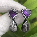 Fashionable heart and teardrop purple crystal earrings with dark metal setting - Black Gold