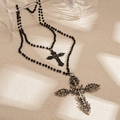 Double-layered gothic beaded necklace with large rhinestone cross pendant and black cross charm - Double Layer Cross Style