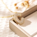 Puffy letter C necklace pendant in gold finish with sparkling pavé zircon stones - Letter C (18k Gold + Bead Chain)