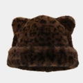 Detailaufnahme der Leoparden-Plüschmütze mit dichtem Kunstfell und süßen Tierohren - M (56-58cm) / Dunkelbrauner Leopard