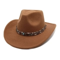 Brown wool felt fedora with vintage woven band and bohemian evil eye charm detail - M(56-58cm) / Khaki